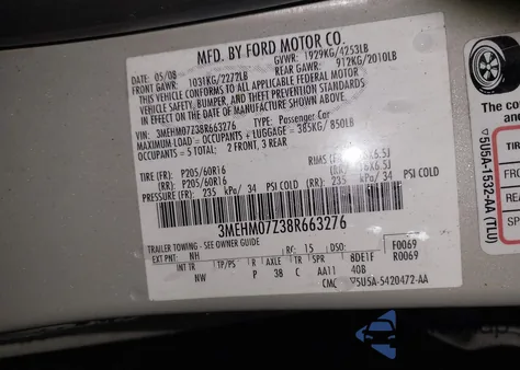 2008 Mercury Milan из США, поврежденный, VIN 3MEHM07Z38R663276